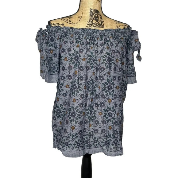 Ann Taylor Loft Women’s Denim Chambray‎ Floral Print Off Shoulder Blouse Sz LP - Picture 1 of 8